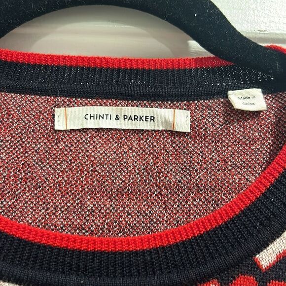 Chinti & Parker Navy/Red/White Heart Print Wool Sweater, Size Small - Picture 6 of 12